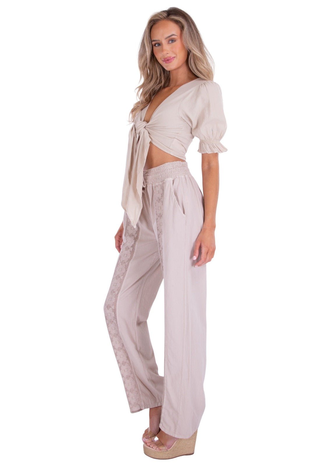 'Lucy' Tie Front Crop Top Baby Beige - Seaspice Resort Wear