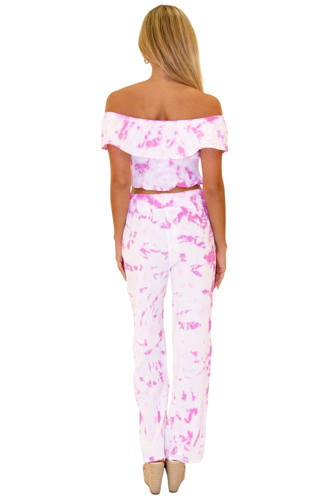 100% Cotton 'Magnolia'Crochet Front Detail Pants Tie Dye Pink - Seaspice Resort Wear