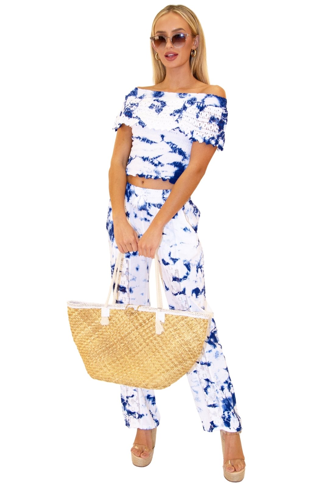 Magnolia' Crochet Front Detail Pants Tie Dye Blue - Seaspice Resort Wear