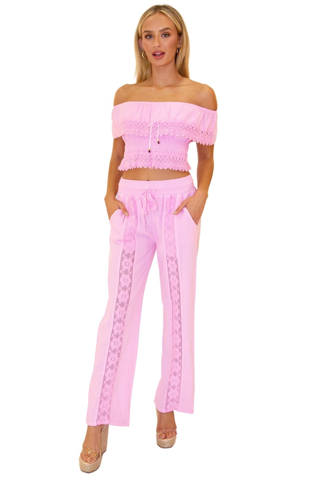 Magnolia' Crochet Front Detail Pants Pink - Seaspice Resort Wear