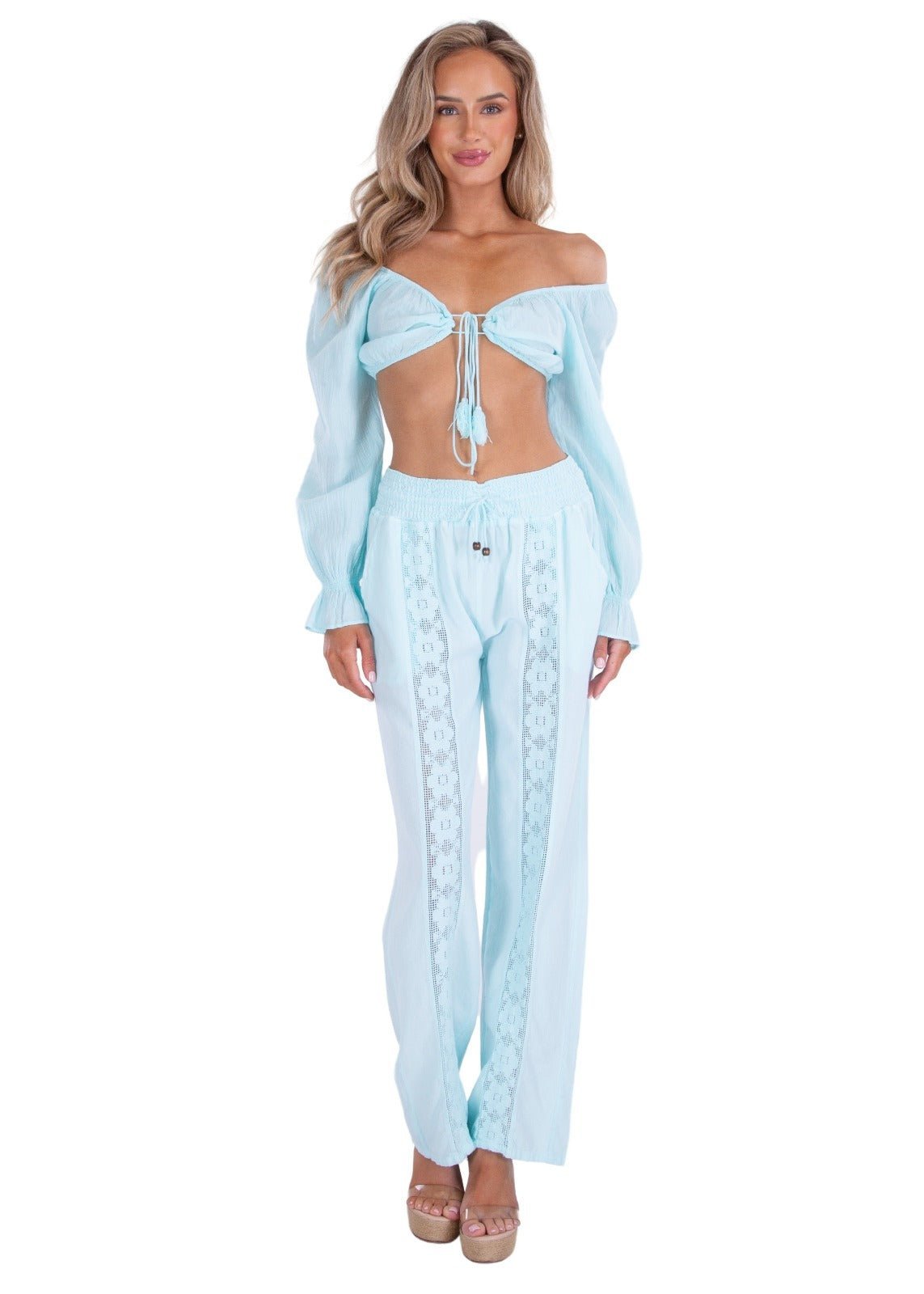 Magnolia' Crochet Front Detail Pants Baby Turquoise - Seaspice Resort Wear