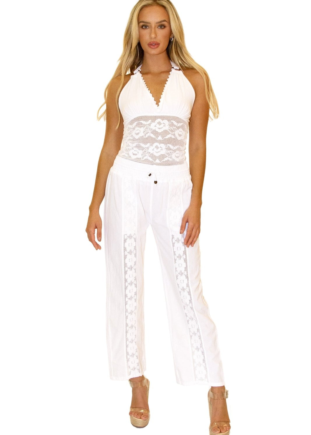 Magnolia' Crochet Front Detail Pants White - Seaspice Resort Wear