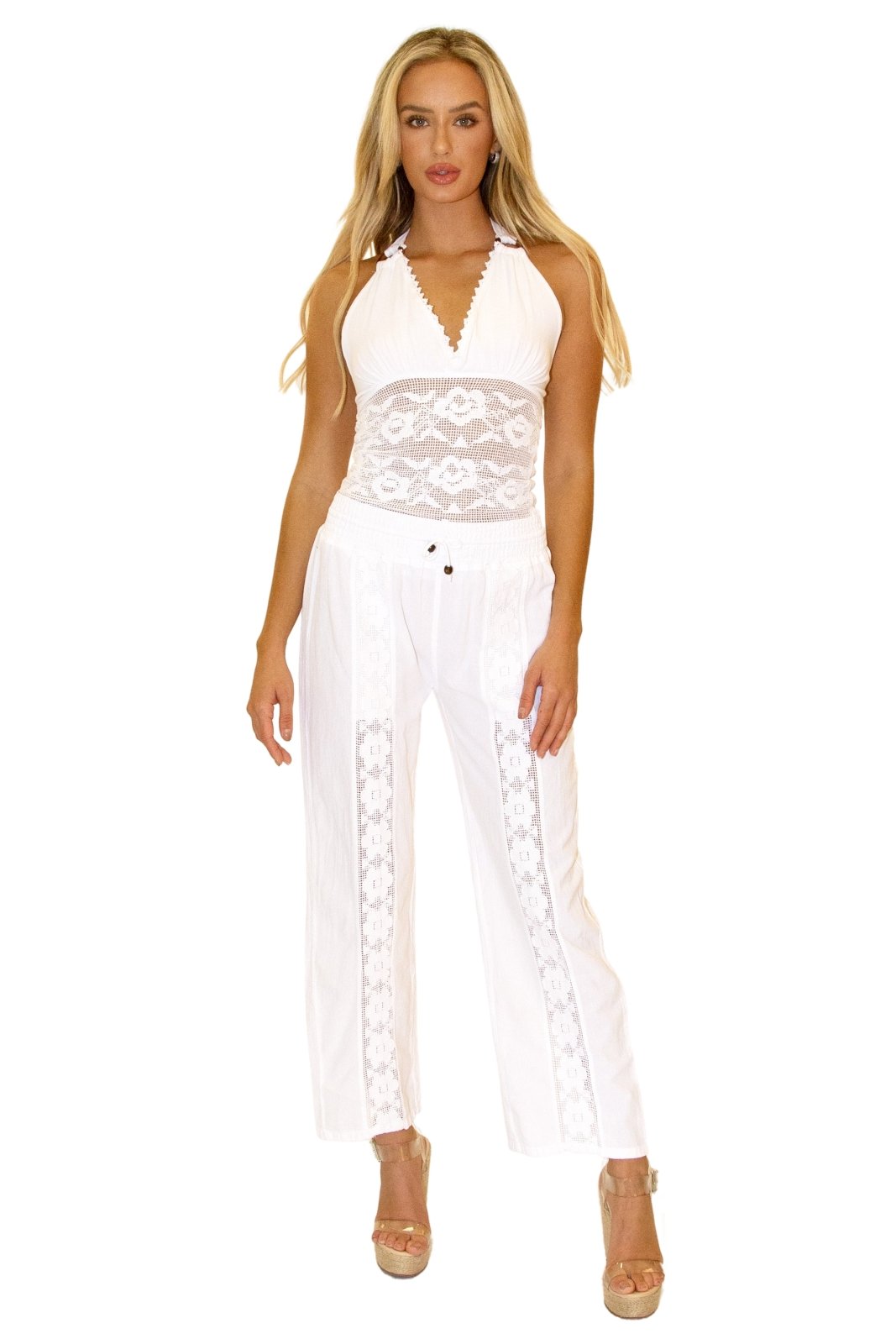 Magnolia' Crochet Front Detail Pants White - Seaspice Resort Wear