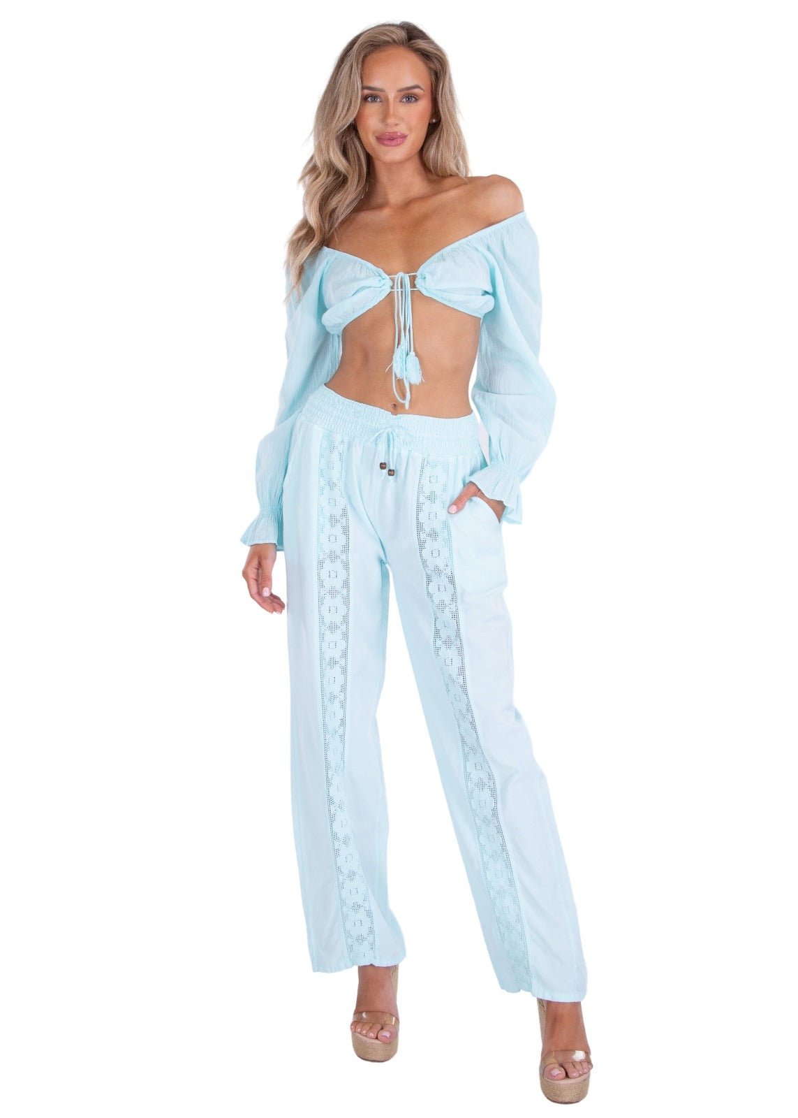 Magnolia' Crochet Front Detail Pants Baby Turquoise - Seaspice Resort Wear