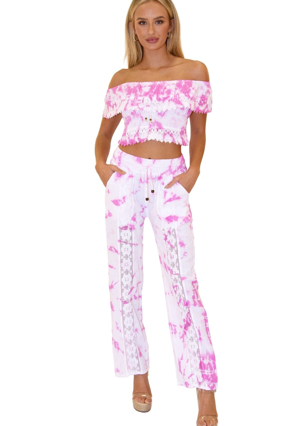 100% Cotton 'Magnolia'Crochet Front Detail Pants Tie Dye Pink - Seaspice Resort Wear