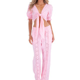 Magnolia' Crochet Front Detail Pants Baby Pink - Seaspice Resort Wear