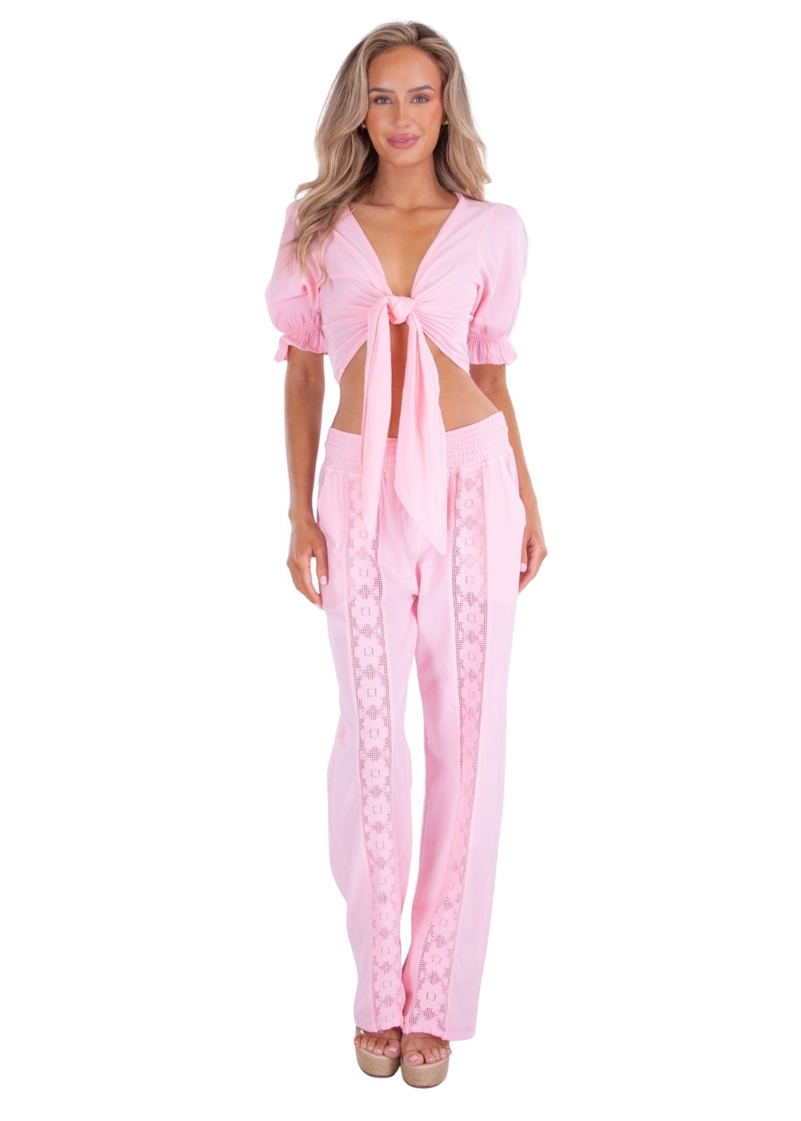 Magnolia' Crochet Front Detail Pants Baby Pink - Seaspice Resort Wear