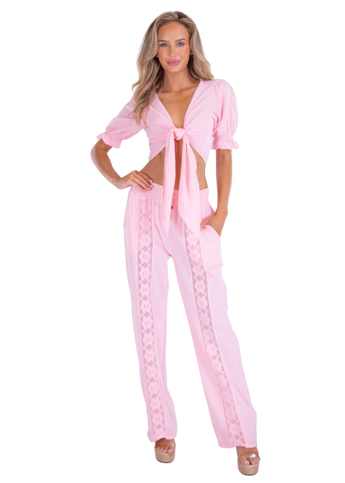 Magnolia' Crochet Front Detail Pants Baby Pink - Seaspice Resort Wear
