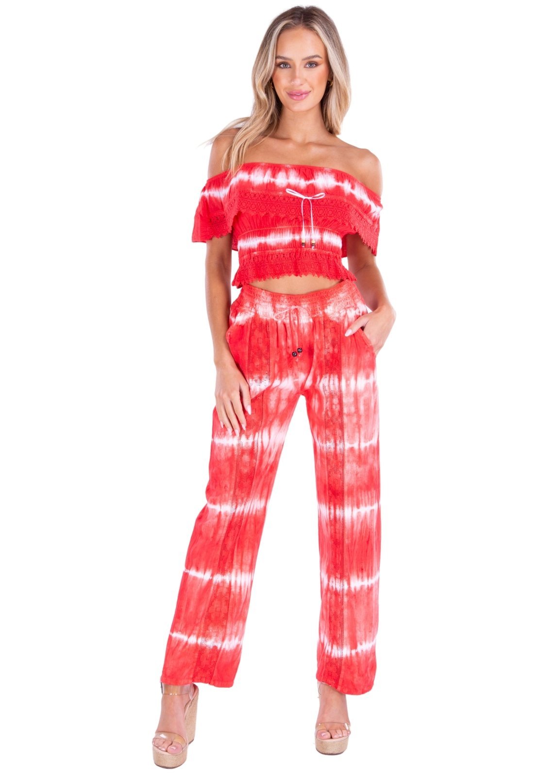Magnolia' Crochet Front Detail Pants Tie Dye Red - Seaspice Resort Wear