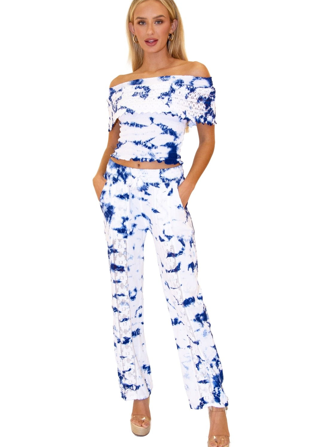 Magnolia' Crochet Front Detail Pants Tie Dye Blue - Seaspice Resort Wear