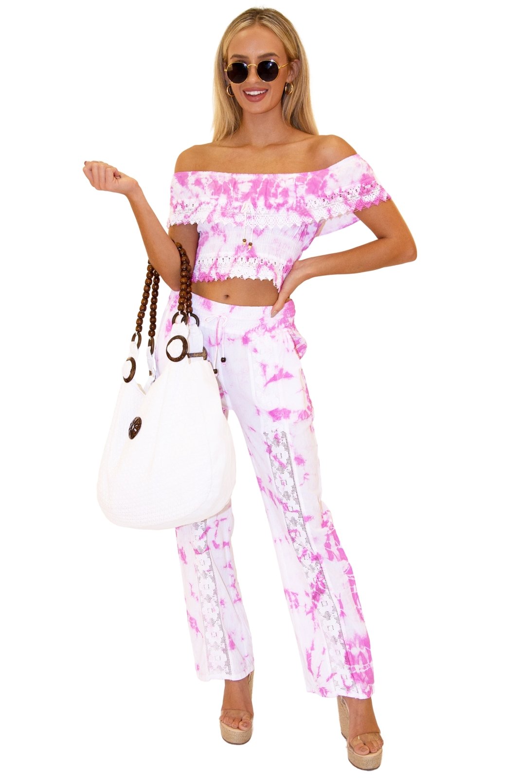 100% Cotton 'Magnolia'Crochet Front Detail Pants Tie Dye Pink - Seaspice Resort Wear