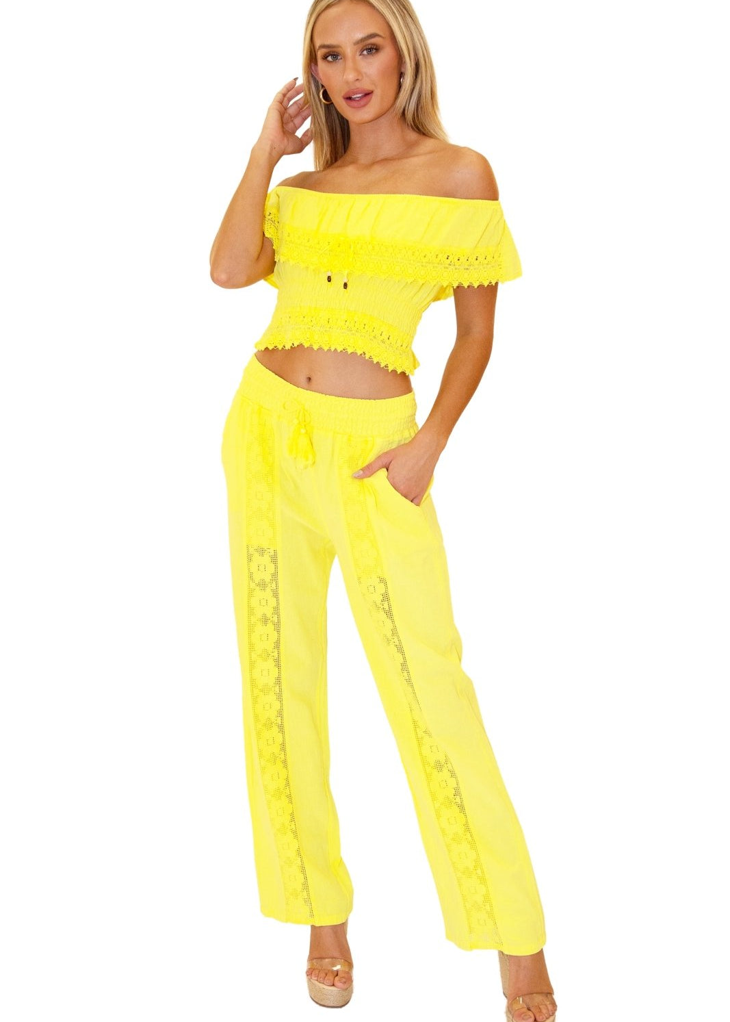 Magnolia' Crochet Front Detail Pants Yellow - Seaspice Resort Wear