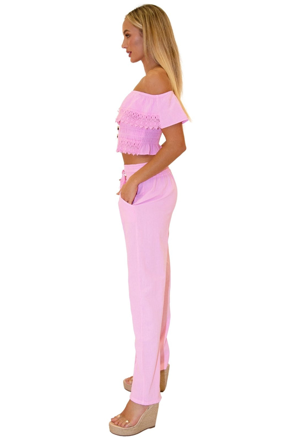 Magnolia' Crochet Front Detail Pants Pink - Seaspice Resort Wear