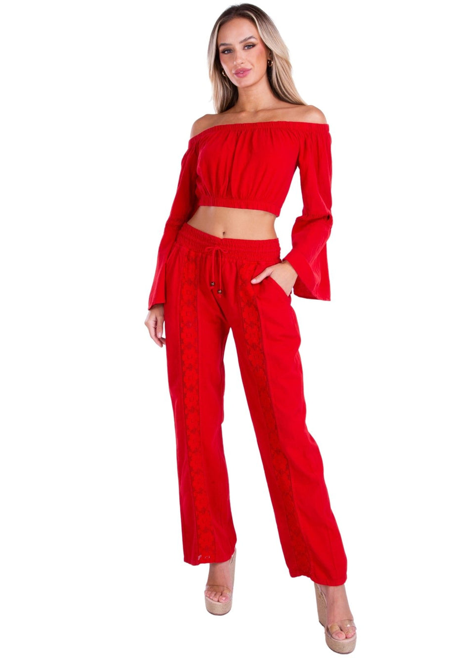 Magnolia' Crochet Front Detail Pants Red - Seaspice Resort Wear