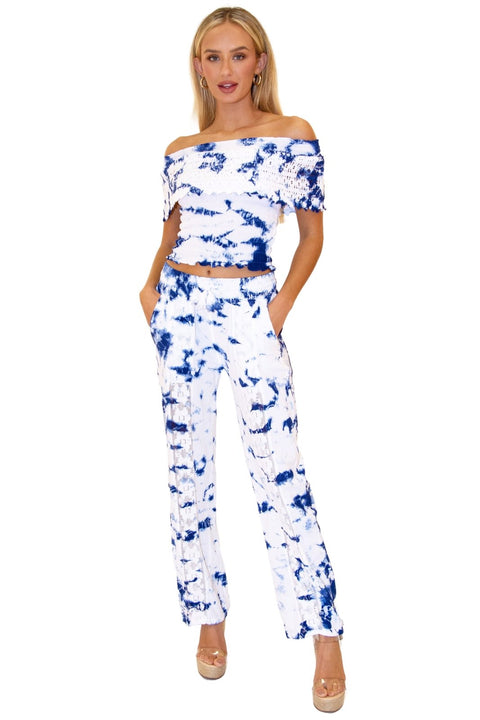 Magnolia' Crochet Front Detail Pants Tie Dye Blue - Seaspice Resort Wear