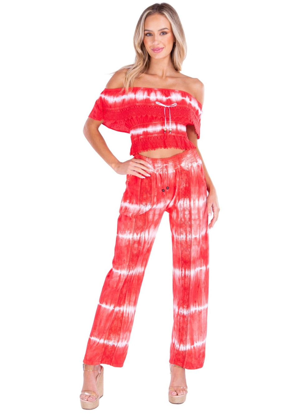 Magnolia' Crochet Front Detail Pants Tie Dye Red - Seaspice Resort Wear