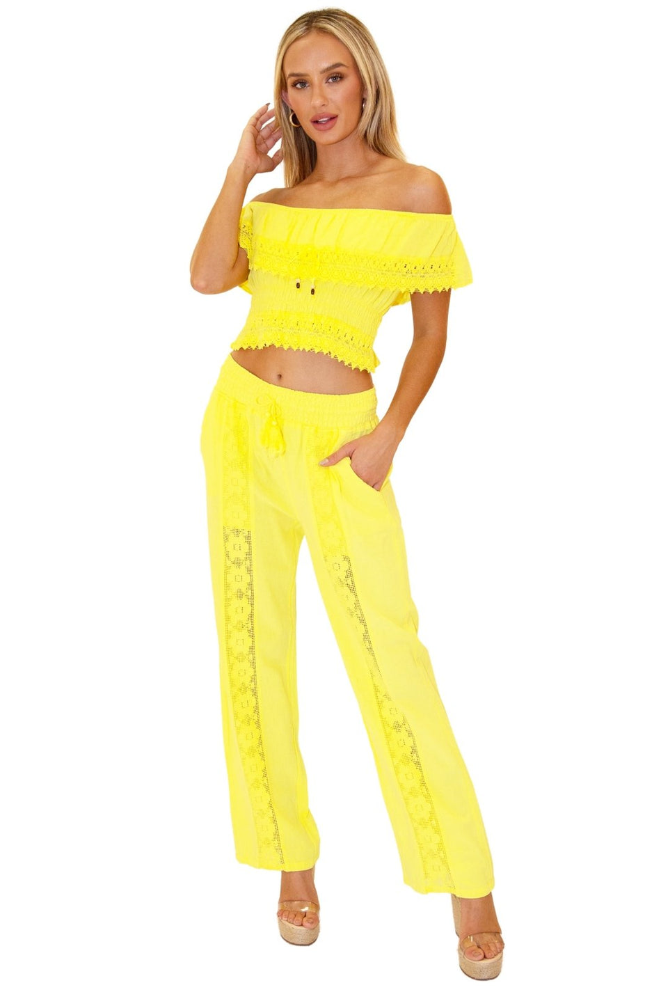 Magnolia' Crochet Front Detail Pants Yellow - Seaspice Resort Wear