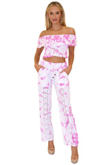 100% Cotton 'Magnolia'Crochet Front Detail Pants Tie Dye Pink - Seaspice Resort Wear