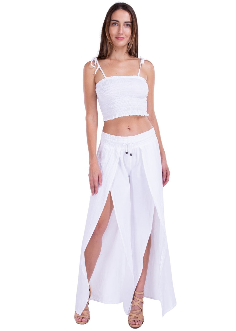 Shirred Tie Front Strapless Top in White
