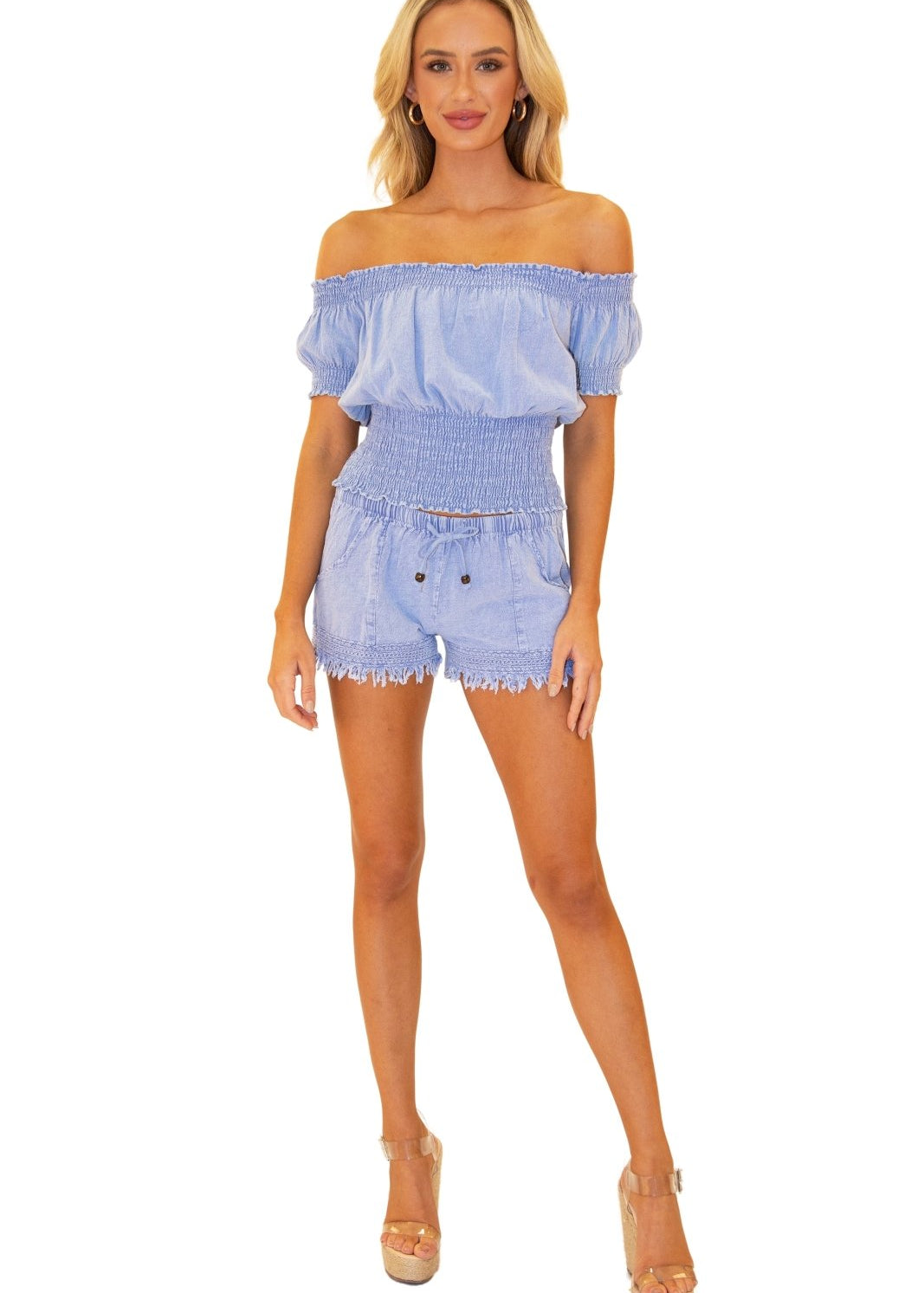 'Mila' Fringe Hem Shorts Blue - Seaspice Resort Wear