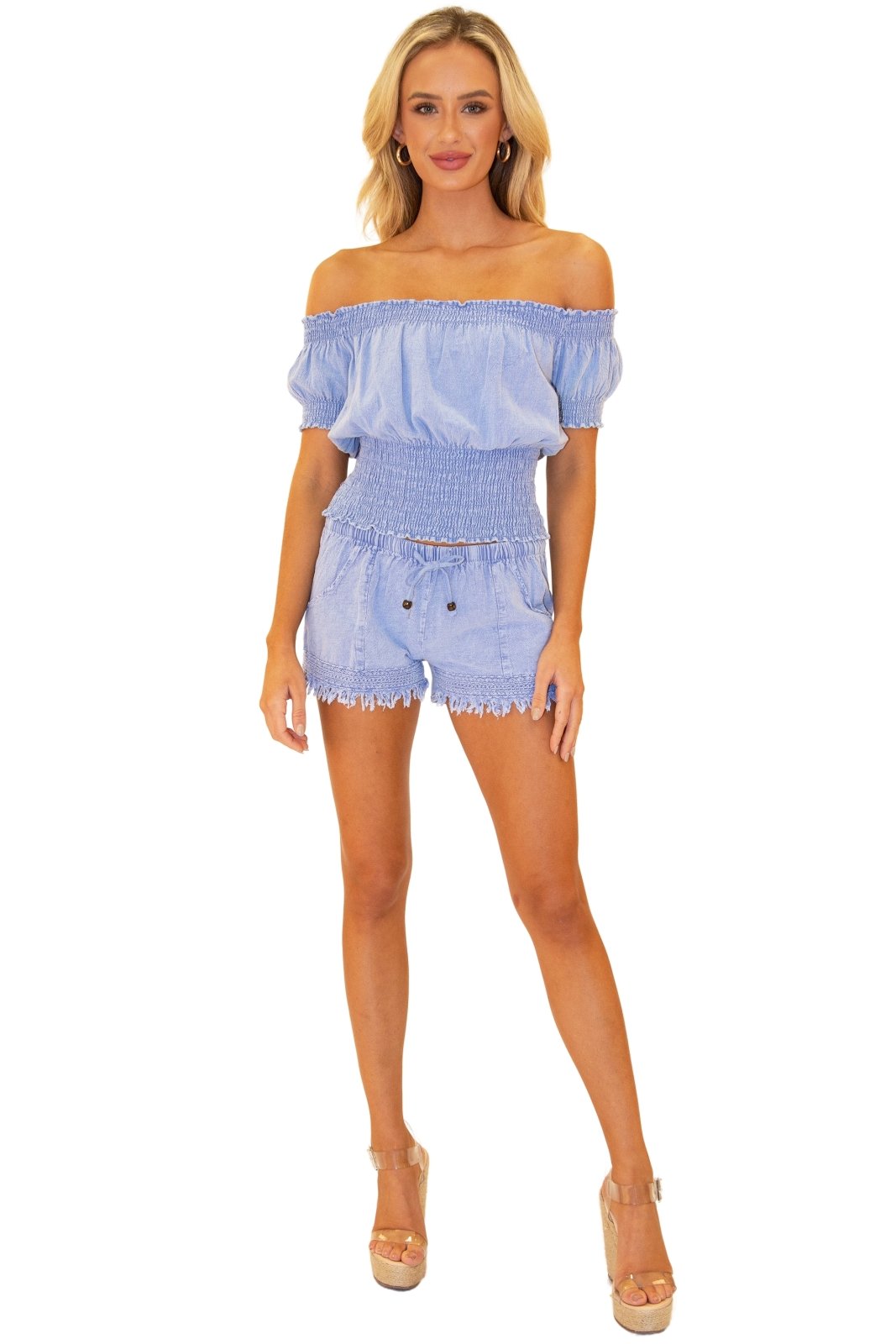 'Mila' Fringe Hem Shorts Blue - Seaspice Resort Wear