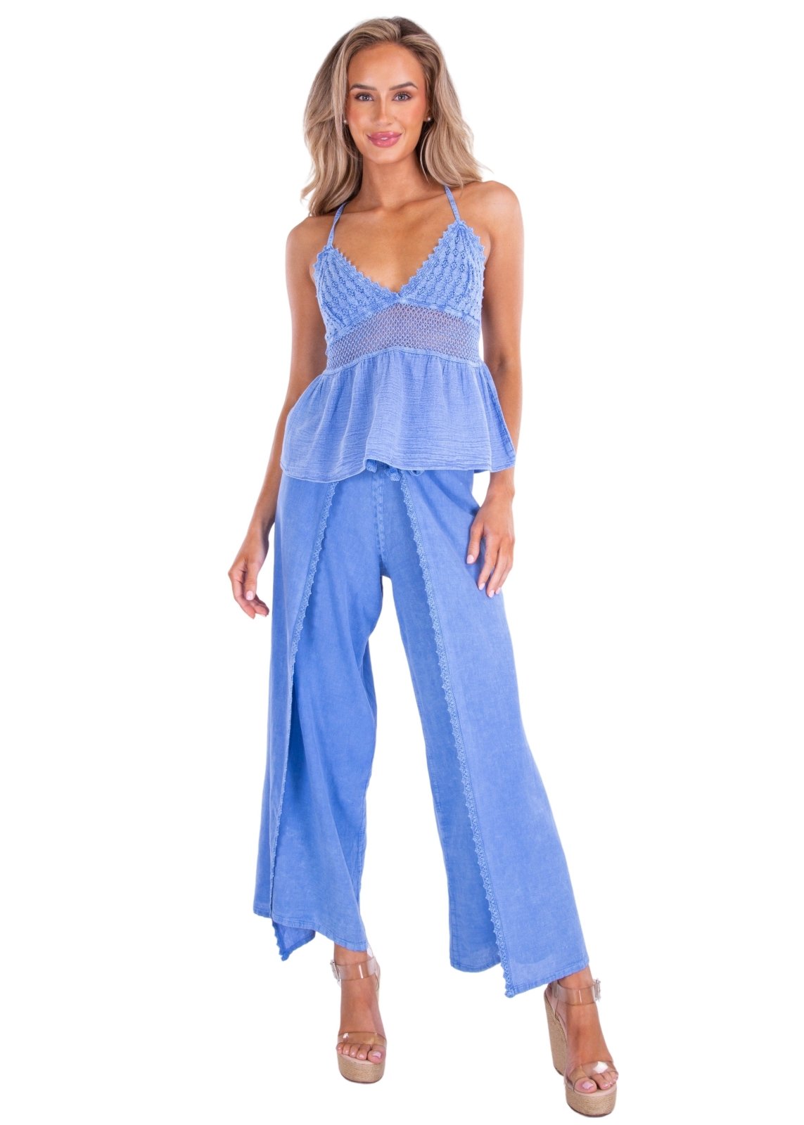 'Mona' Crochet Cut Out Top Blue - Seaspice Resort Wear