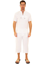 'Mykonos' Band Collar Short Sleeve Shirt White - Seaspice Resort Wear