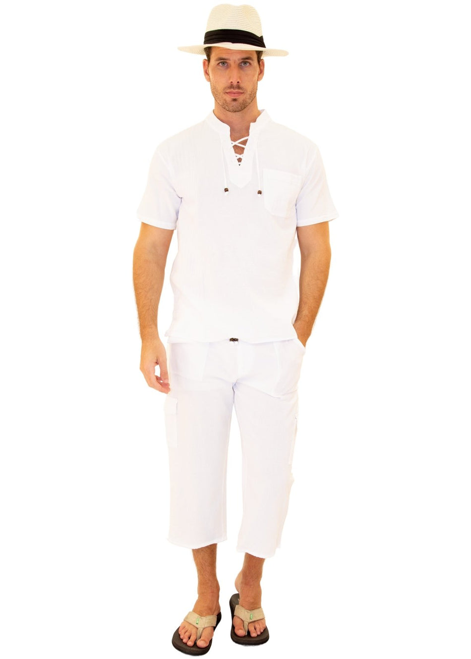 'Mykonos' Band Collar Short Sleeve Shirt White - Seaspice Resort Wear