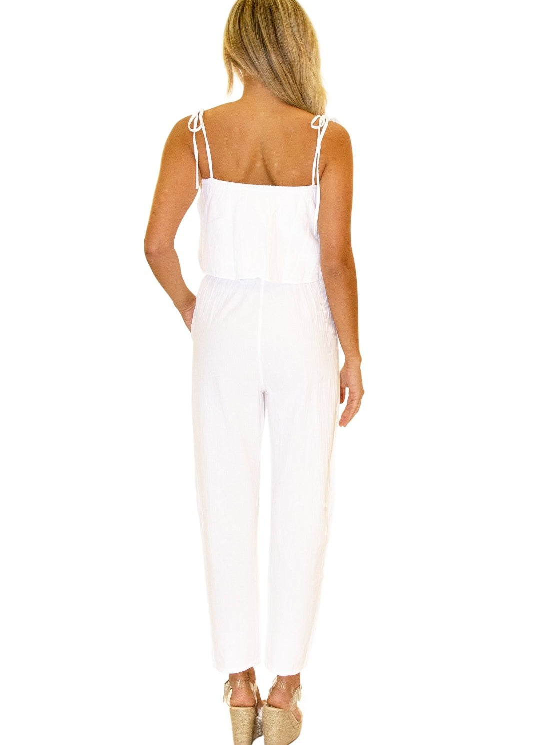 100% Cotton 'Naomi' Ruffle Jumpsuit White - Seaspice Resort Wear