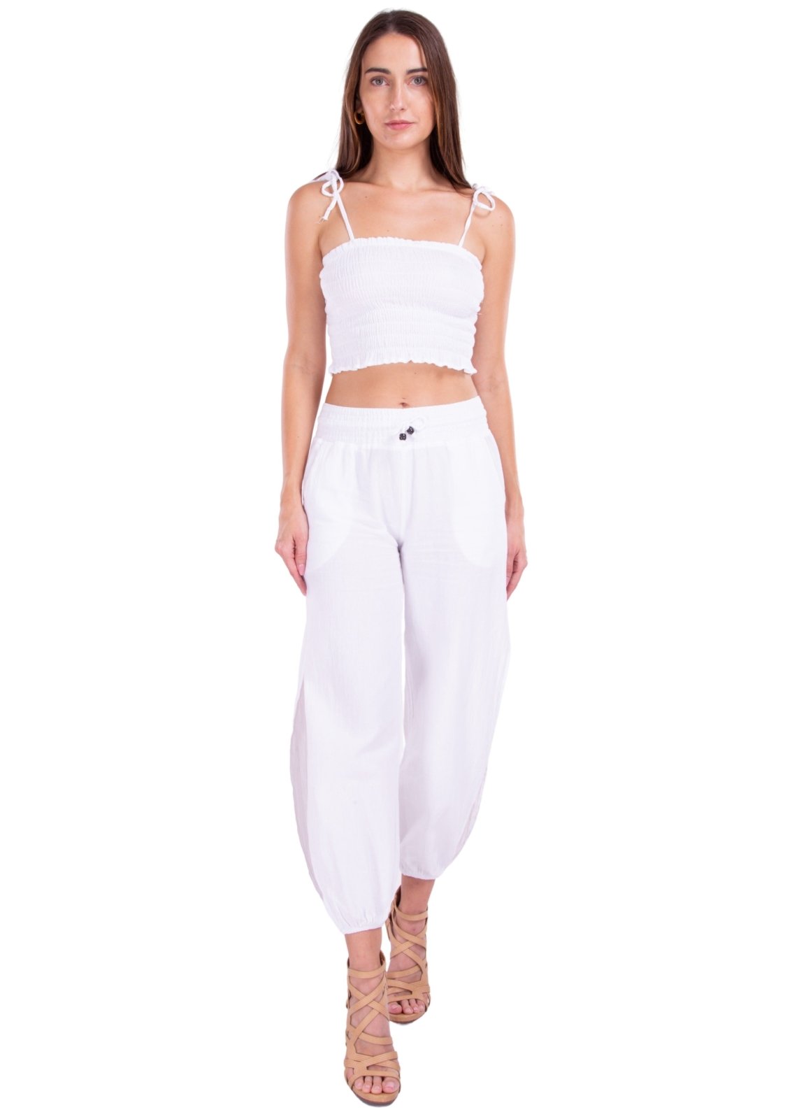 'Paula' Side Slit Ruched Hem Pants White - Seaspice Resort Wear