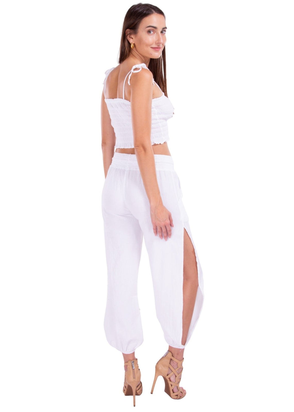 Paula' Side Slit Ruched Hem Pants White - Seaspice Resort Wear