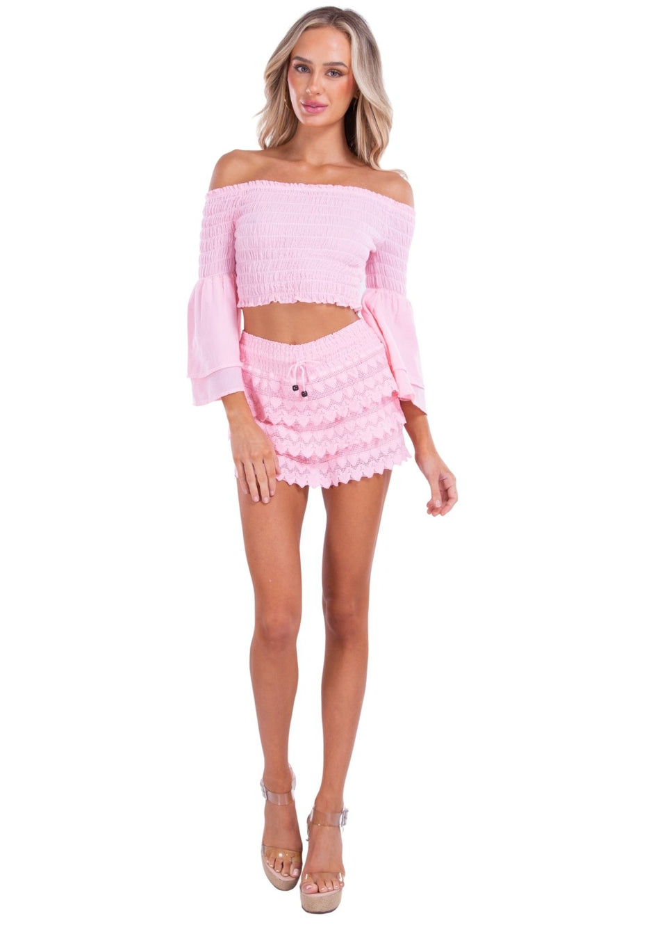 100% Cotton 'Polly' Tiered Crochet Skort Baby Pink - Seaspice Resort Wear