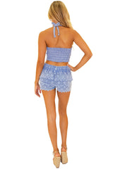 100% Cotton 'Polly' Tiered Crochet Skort Blue - Seaspice Resort Wear