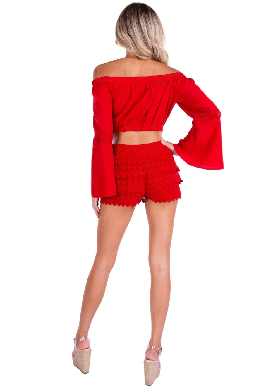100% Cotton 'Polly' Tiered Crochet Skort Red - Seaspice Resort Wear