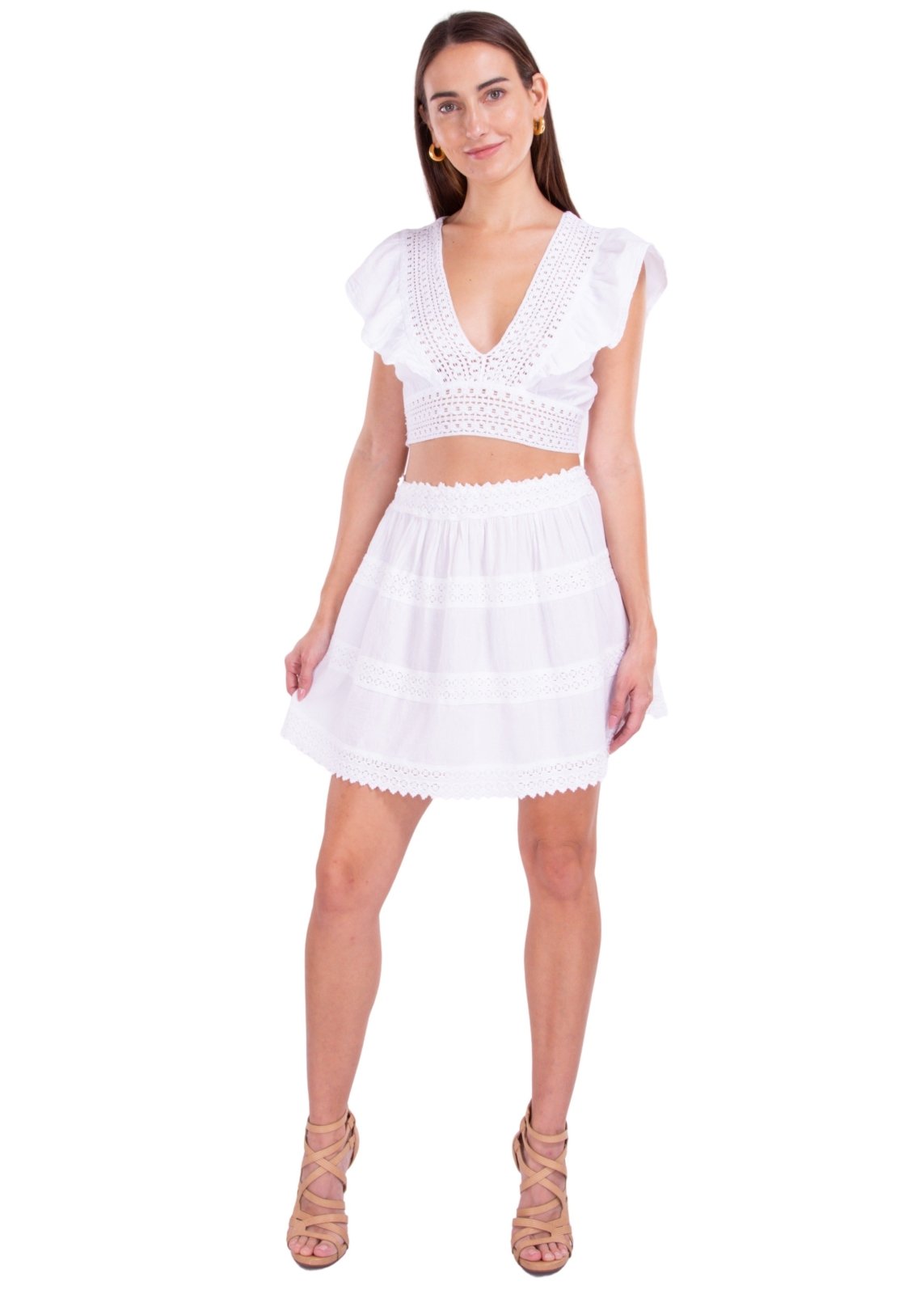 'Rachel' Crochet Hem Ruffle Top White - Seaspice Resort Wear