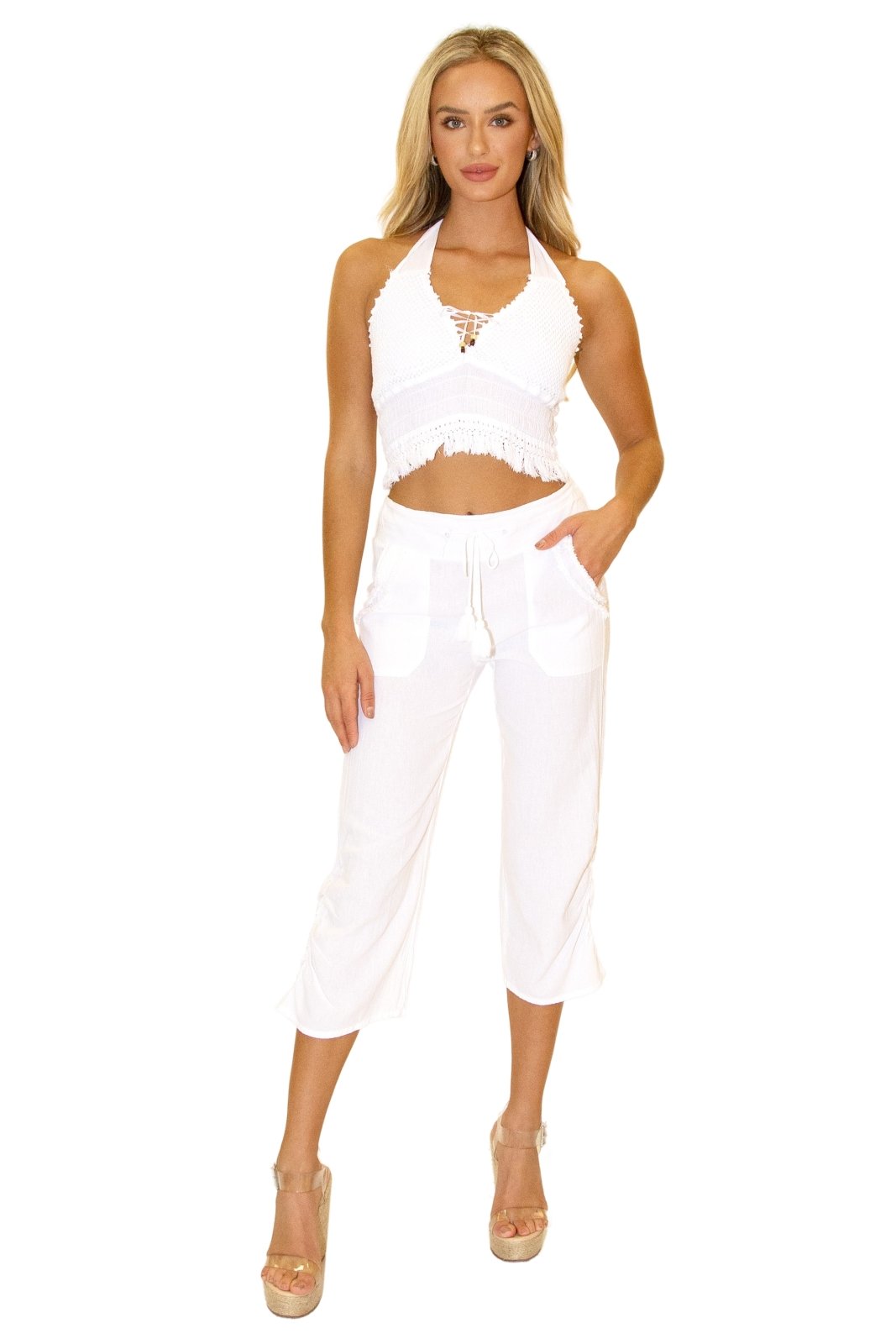 'Ruby' Fringe Pocket Capris White - Seaspice Resort Wear