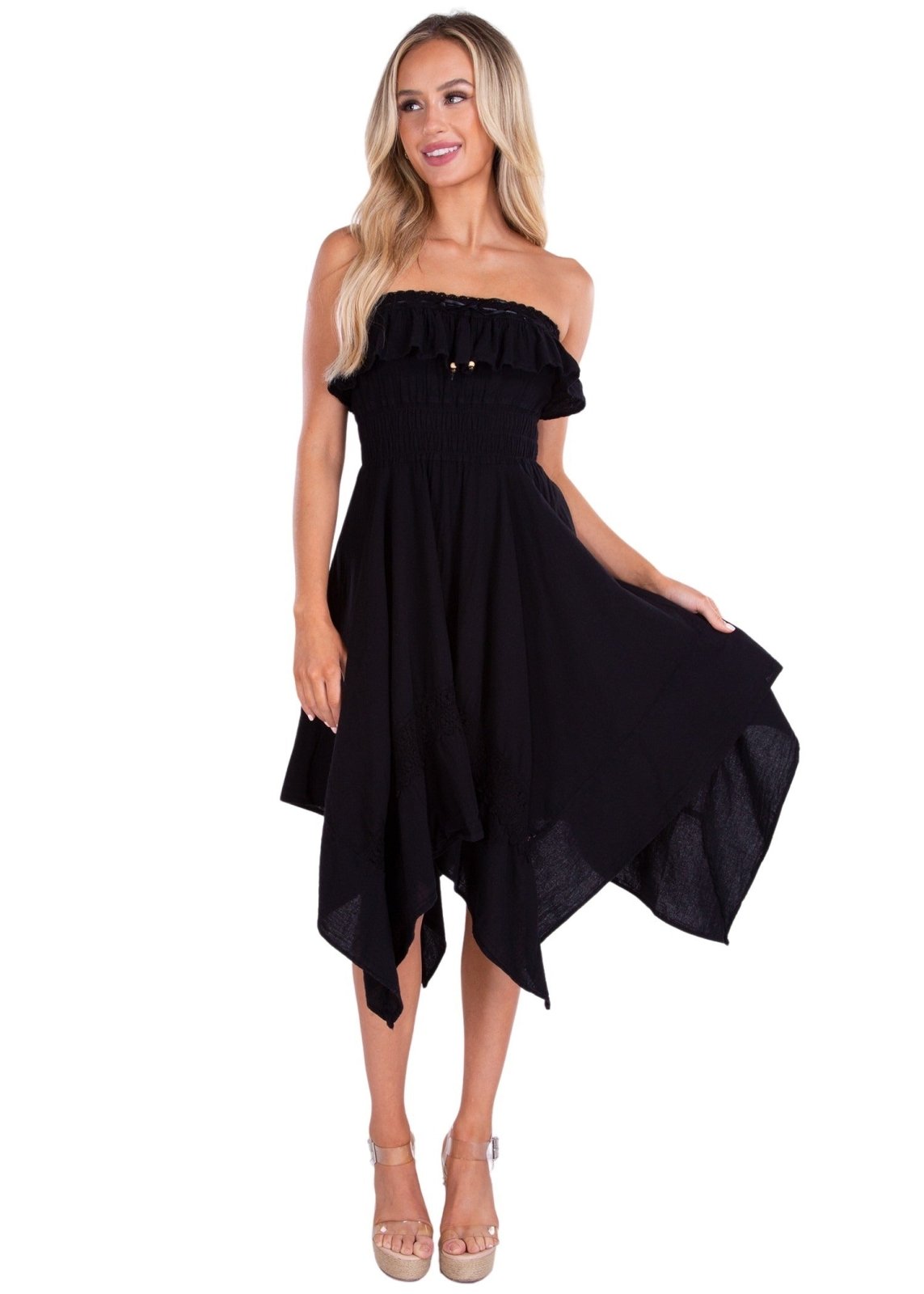 100% Cotton 'Sasha' Strapless Flowy Dress Black - Seaspice Resort Wear