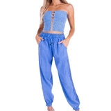 Chloe' Side Crochet Joggers Blue - Seaspice Resort Wear
