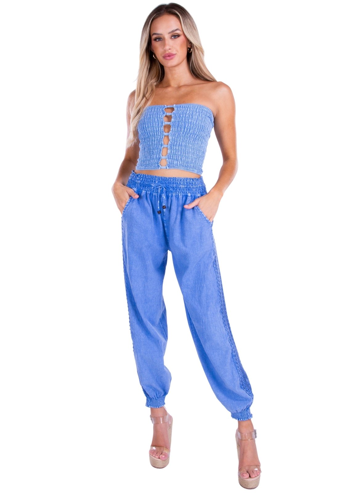 Chloe' Side Crochet Joggers Blue - Seaspice Resort Wear