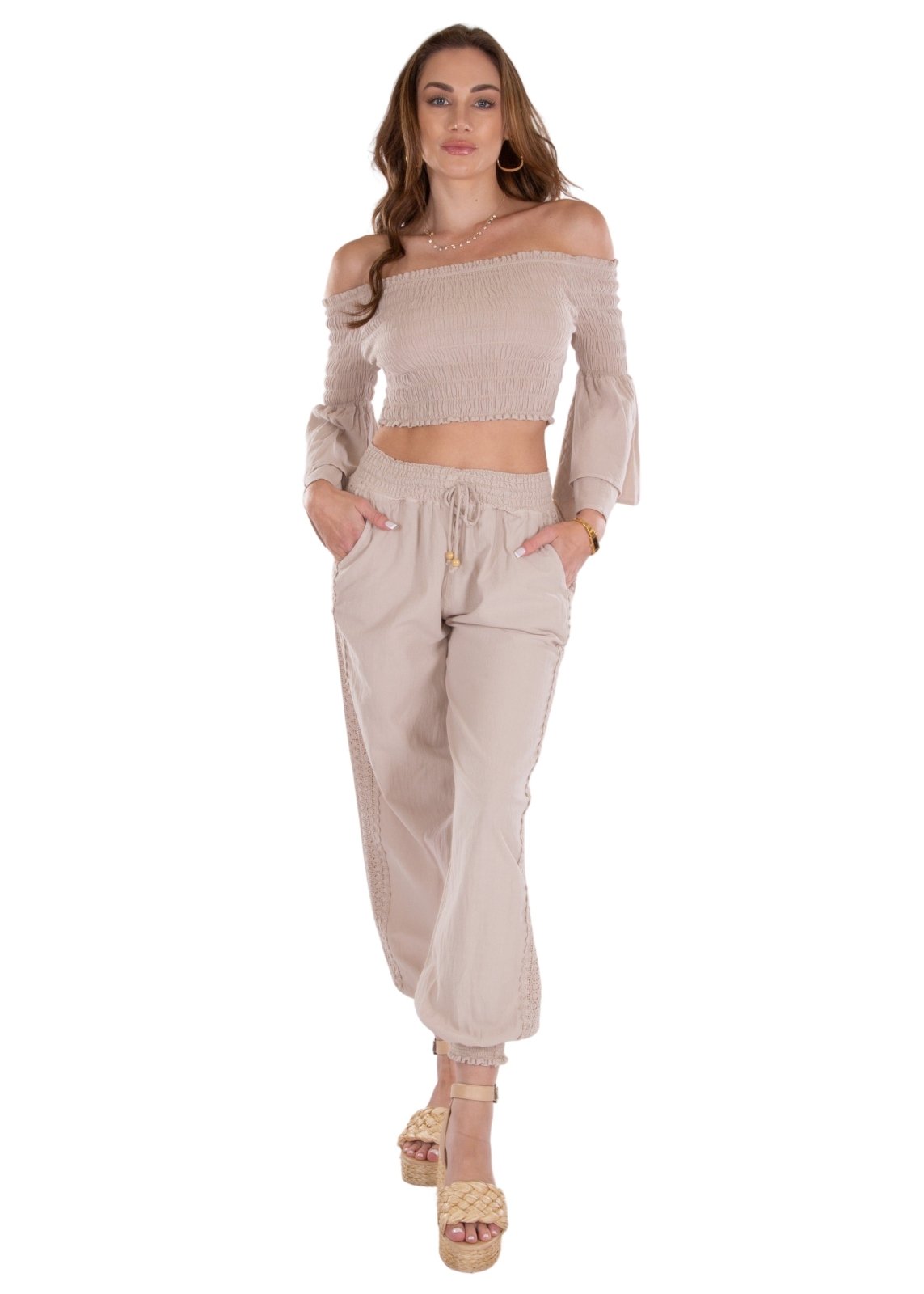 Chloe' Side Crochet Joggers Baby Beige - Seaspice Resort Wear