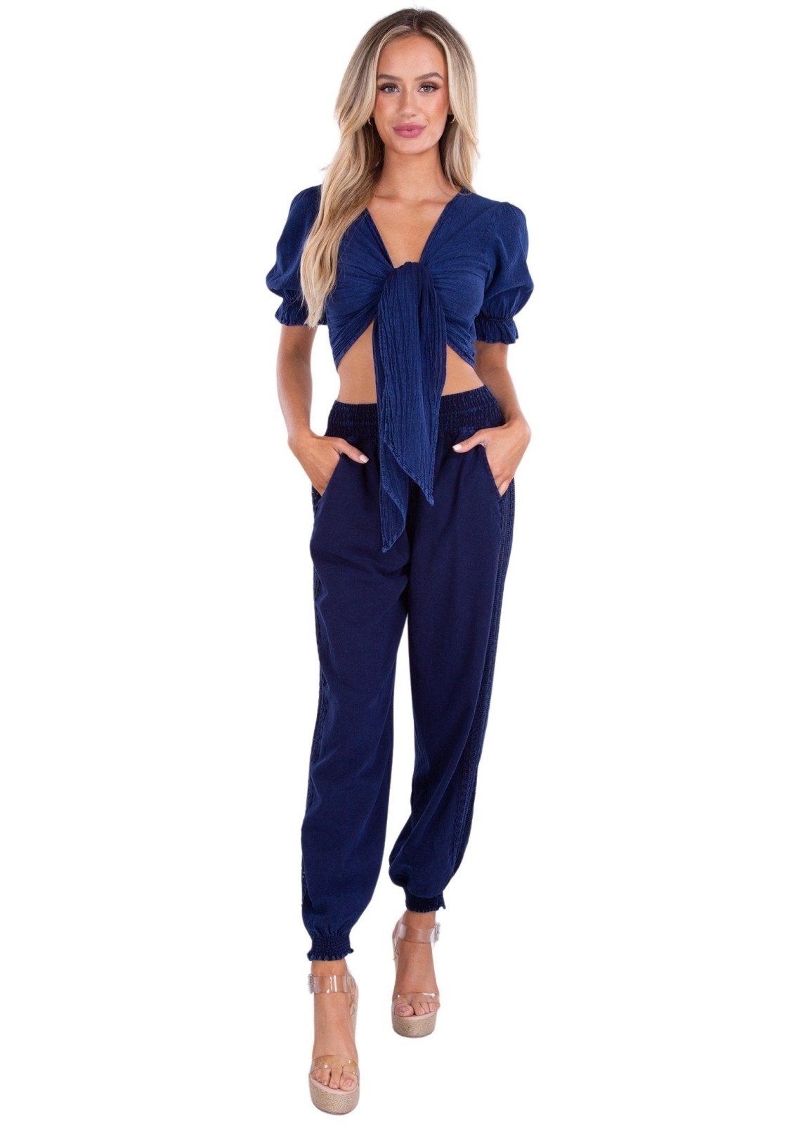 Chloe' Side Crochet Joggers Navy - Seaspice Resort Wear