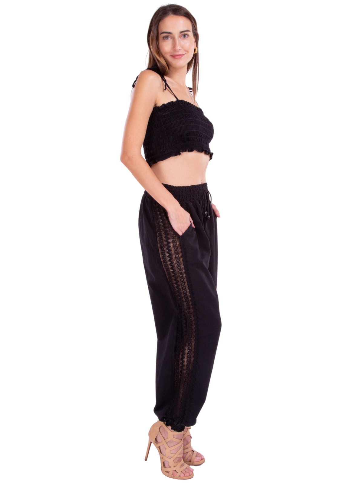 Chloe' Side Crochet Joggers Black - Seaspice Resort Wear