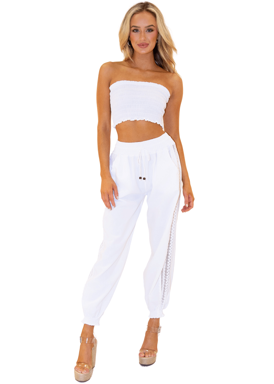 Chloe' Side Crochet Joggers White - Seaspice Resort Wear