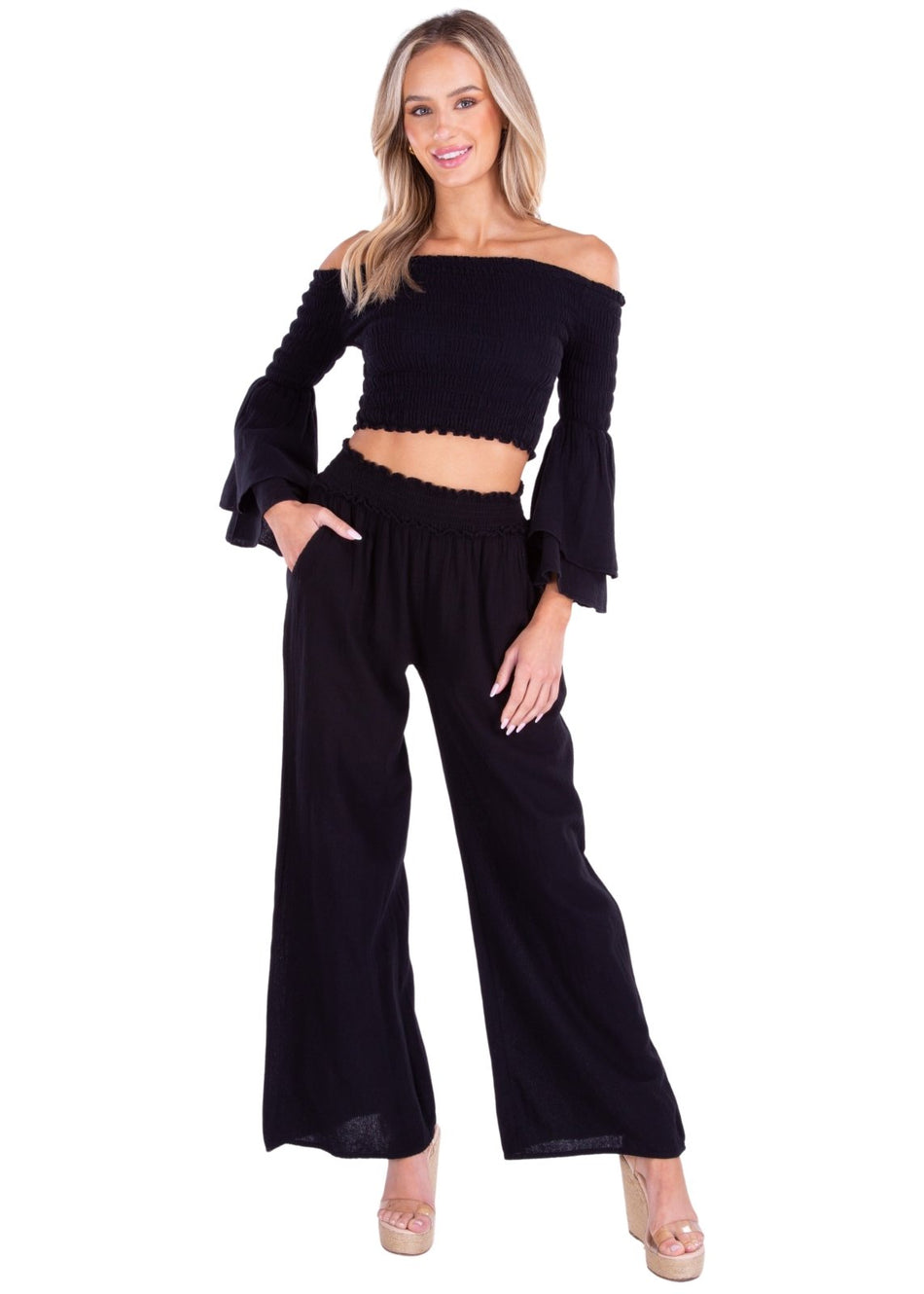 Black Zipped Collared Crop Top and Wide Leg Pants Set – KesleyBoutique