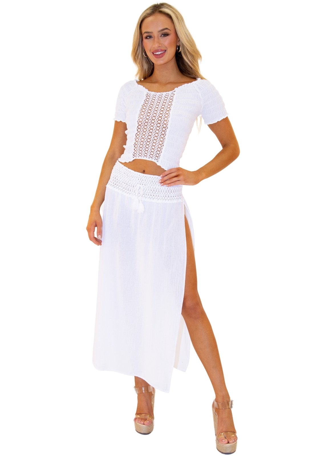 'Teagan' Crochet Cut Out Top White - Seaspice Resort Wear